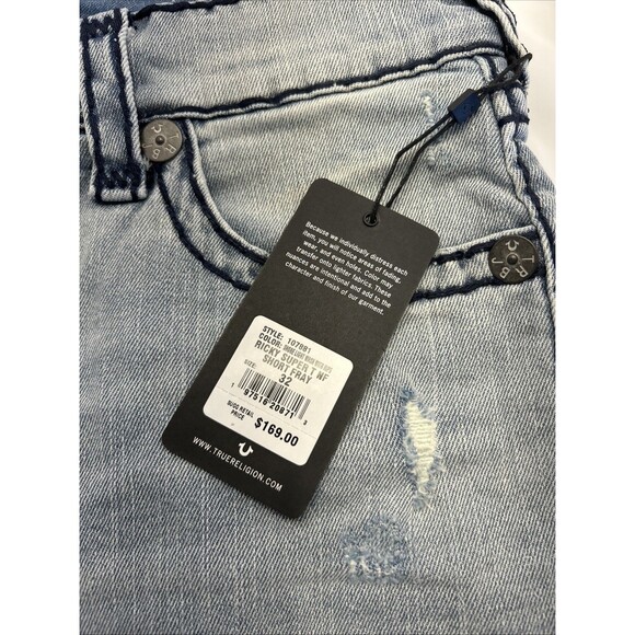 True Religion Ricky Super T Fray Relaxed Straight Shorts Men SZ 32 Light Demin - Picture 2 of 11